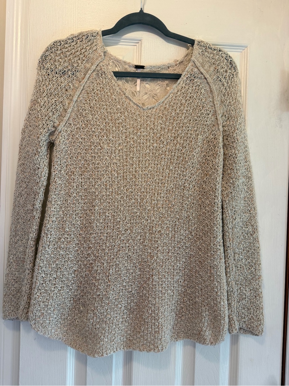 Poof! Beige Open-Knit V-Neck Sweater